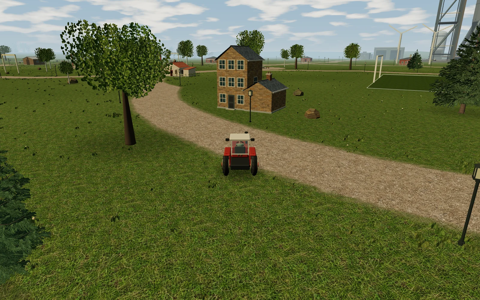 A red tractor visiting Puddlewick’s stone flour mill, with village buildings and countryside beyond